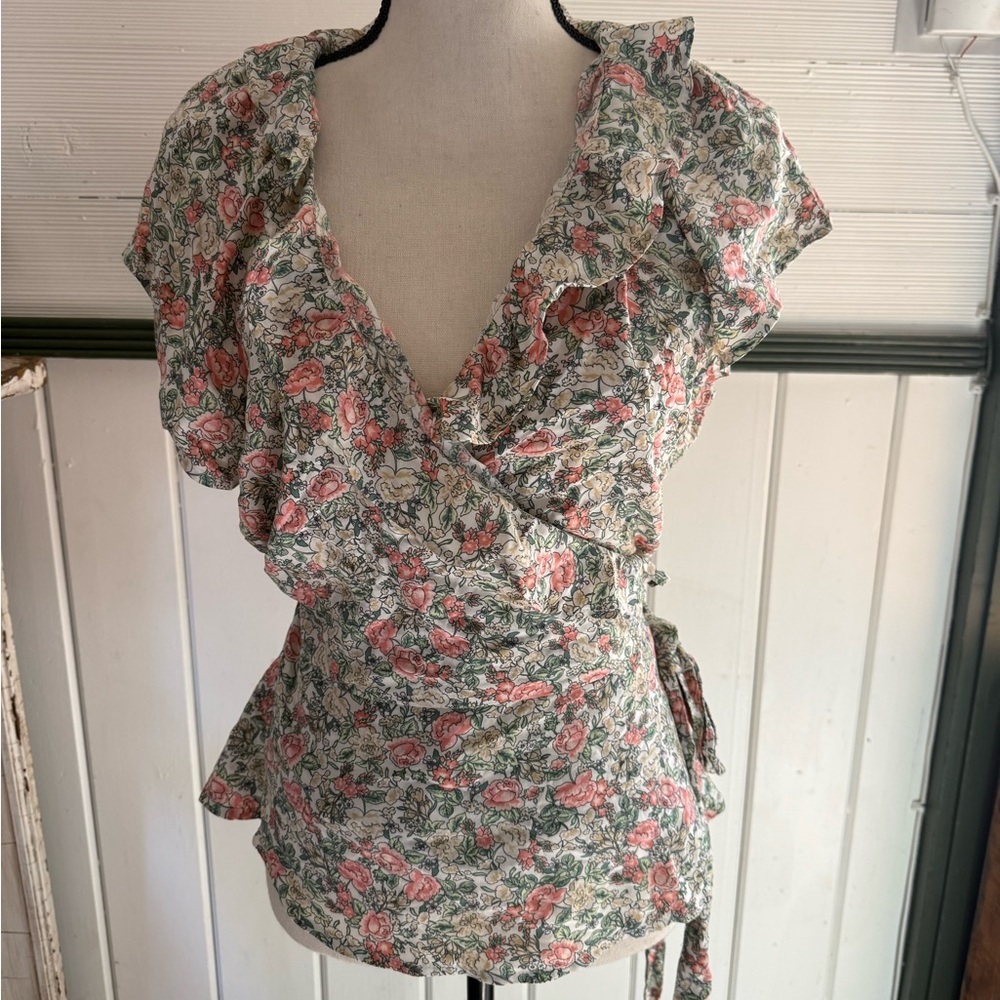 Old Navy Wrap Floral Ruffle Blouse - Pink and Green, NWT